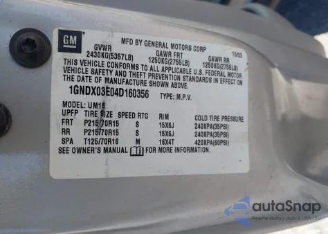 2004 Chevrolet Venture Ls z USA, uszkodzony, nr VIN 1GNDX03E04D160356